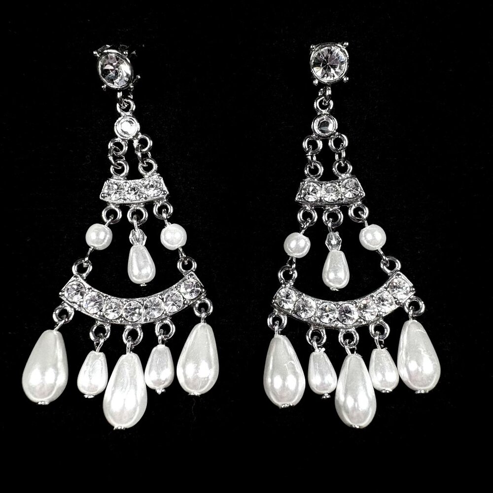 Vintage Rhinestone & Faux Pearl‎ Elegant Bridal Chandelier Drop Dangle Earrings